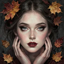 beautiful stella maeve magician, in the style of peter mohrbacher, artgerm, tom bagshaw, realistic character concept, bird's eye overhead shot, elegant pose, spooky, illustration, symmetrical face and body, volumetric lighting, detailed realistic symmetrical eyes, 8 k, single face, insanely detailed and intricate elegant, autumn leaves
