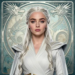 beautiful, ethereal daenerys targaryen ( khaleesi ) portrait, art deco, fantasy, intricate art deco dragon designs, elegant, highly detailed fractals, fire background, sharp focus, game of thrones art by artgerm and beeple and greg rutkowski and wlop