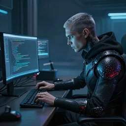 a lich sitting in front of a computer writing code, phylactery in his other hand, cyberpunk style