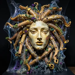 a surreal sculpture titled'the parametric decisions of a fishes strange life made by soft thick flesh and burning wooden stick constructions - the face of medusa'by salvador dali and max ernst and picasso, dramatic lighting, organic, hyperdetailed, photorealistic, vibrant gold silver deep green purple, intricate fractal strands of gooey cheese drape vegetation, glistening glowing gossamer quantum soup film clings to everything
