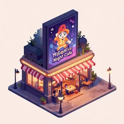 art by filip hodas, pixar, and artgerm. level design night cafe, clean, advertising, entertainments, outside, isometric