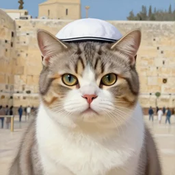 painting of a cat wearing a yarmulke and visiting the western wall in jerusalem high details