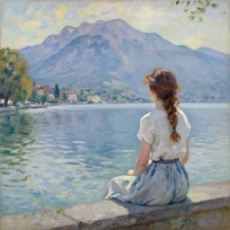 woman sitting on a small wall at the lake of annecy, looking at the mountains in the distance. oil painting by monet, seurat, modigliani, beautiful lighting