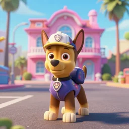 barbie dreamhouse adventure as a paw patrol dog, streets of los angeles, anime, disney, pixar, 8 k, hd, kodak film, volumetric lighting, subsurface scattering, photorealistic, octane render, details, xgen fur