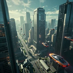cyberpunk city, detailed, cinematographic rendering, skyscrapers, flying cars all around