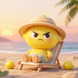 3 d render, chibi lemon character with an angry look on his face, he is wearing a hat, relaxing on the beach at sunset