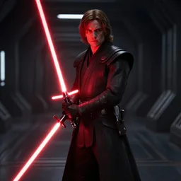 Sith Lord Jyn Erso, holding a red lightsaber in a dark poorly-lit sci-fi hallway, film still from Star Wars: Rogue One