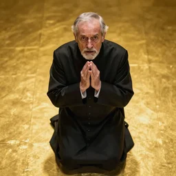An old catholic priest in black garb kneeled in passionate prayer. His eyes are wide open with fear. Ominous dramatic yellow lighting. Overhead view, award-winning digital art, trending on ArtStation