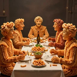 a dinner party with people made out of cheeto's, extremely realistic, art photography, avant garde, installation