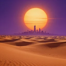 Sci-fi landscape of a desert with two suns suns in the sky and futuristic city in the background, orange and purple colors, cinematic, science-fiction art wallpaper, stunning digital art