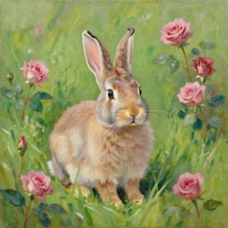 an oil painting of a rabbit in a meadow surrounded by roses