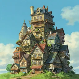 stacked houses, solarpunk, studio ghibli, jean - baptiste monge, francois schuiten, octane render, 4 k