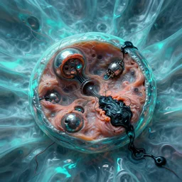 mechanical mitosis, cell shaded, reflective fabric, refractive surfaces, chiaroscuro!, minimalism, sfumato!, flesh bound to metal, loose wires, black ooze, hyperrealism, surrealism, cyan lighting, vibrant, by ilya kuvshinov and anton fadeev and greg rutkowski and gil elvgren and giger