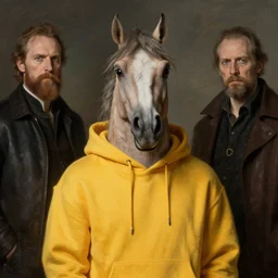 ripped physique portrait horse-face Nightmarish Horse Man Warlock the Bobby Fischer camouflaged as a Pony wearing a yellow hoodie eyvind earle greg rutkowski edgar degas andrew wyeth giorgio de chirico