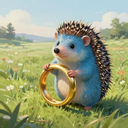 a cute blue hedgehog holds a large gold ring, beautiful grassland, early morning hours, long shadows, extremely detailed, fantasy painting, by jean - baptiste monge!!!!