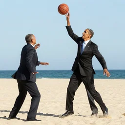 barack obama playing basketball on the beach, wearing suits