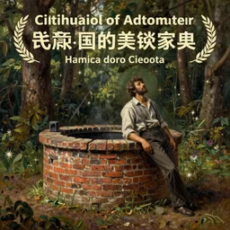 a man resting beside an old brick well, in a forest, highly detailed, oil painting, masterpiece, nature, fantasy illustration, romanticism, award winning, realistic, classical art
