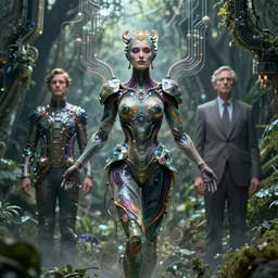 karol bak and tom bagshaw and lecouffe - deharme full body character portrait of the borg queen of sentient parasitic flowing ai, floating in a powerful zen state, supermodel, circuitry corrupting nature in the background, beautiful and ominous, wearing combination of mecha and bodysuit made of wires and fractal ceramic, artstation scifi character render