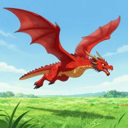 flying red dragon over a field, art by emeraldodin