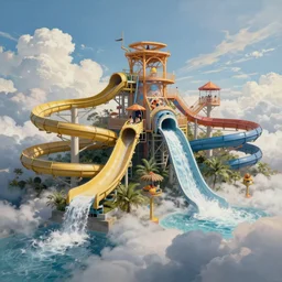waterpark in heaven with waterslides in the clouds, painting by brain froud, charles vess, cinematic lighting, epic composition, highly detailed
