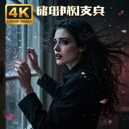 hyperrealistic portrait of a woman as amber heard as a vampire witch tears in a black coat closing a window over the shoulder shot falling petals in windy storm hair. by jeremy mann and alphonse mucha, fantasy art, photo realistic, dynamic lighting, artstation, poster, volumetric lighting, very detailed faces, 4 k, award winning