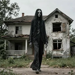 1 9 7 0 s photography, tall and eerie creature walking outside old abandoned house