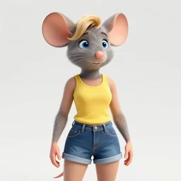 3 d render, portrait, upper body shot, mid shot, anthropomorphic mouse, female, blond furr, blue eyes, wearing denim short shorts and a off yellow tank top shirt, solo, in the style of the great mouse detective