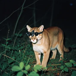 cougar in forest at night, night vision goggles, shot from the ground up, grainy
