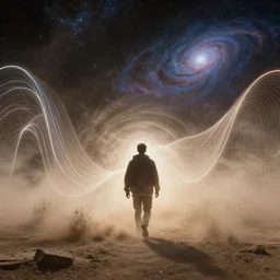 a human emitting an aura walking through a dust storm while normal and exponential curves from the universe flow through them, digital art, trending on art station, many smooth curves, inspiring, high resolution, normal distributions, exponential distributions, graph signals, seen through the hubble telescope, james webb telescope