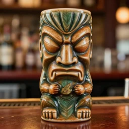 a closeup photorealistic photograph of a ben grimm style tiki mug sitting on the bar at trader vic's with the face of ben grimm on it. fantastic four. tiki culture. bright scene. fine detail. this 4 k hd image is trending on artstation, featured on behance, well - rendered, extra crisp, features intricate detail, epic composition and the style of unreal engine.