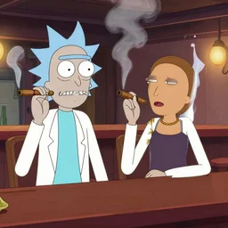 Rick and Morty smoking cigars, at a bar