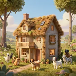 surreal house made out of dogs, artwork by pixar, high quality, highly detailed, concept art