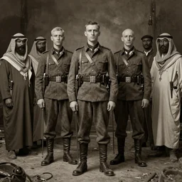 a detailed photorealistic sepia - toned photo of a 1 9 1 7 clean - shaven british soldiers standing with bedouin traders, ultra realistic, painted, intricate details, lovecraft, atmospheric, dark, horror, brooding, highly detailed, by clyde caldwell