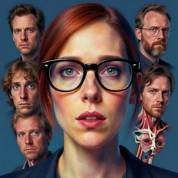 colored character study of female mike patton, glasses, geek, todd solondz face and eyes | vivid colors : dramatic and emotional, concept design, realistic. by gabriel hardman, joe alves, j. todd anderson, chris bonura. cinematic atmosphere, detailed and intricate, perfect anatomy