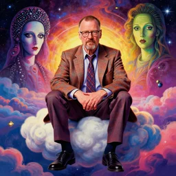 stunning portrait of walter white by victo ngai, kilian eng vibrant colors, winning - award masterpiece, fantastically gaudy, aestheticly inspired by beksinski and dan mumford, 4 k upscale with simon stalenhag work, sitting on the cosmic cloudscape