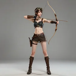 full body photo of a skinny female steampunk archer