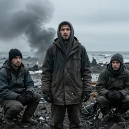 realistic photo of survivor humans after global warming