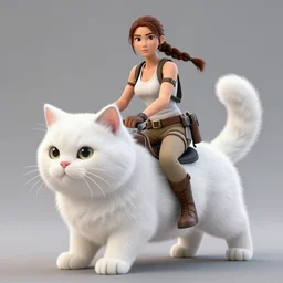 Lara Croft from the first Tomb Raider I riding on epic looking white fuzzy cat, white sparkles sunlight beams, white stoned ancient tomb, bright blue flashes, Boris Greg Hildebrandt, Mark Keathley