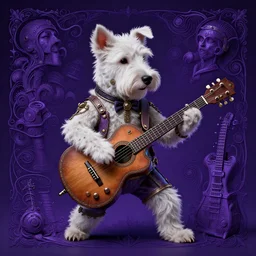 a steampunk white terrier dog playing a guitar solo style of beksinski, intricate composition, magentaby caravaggio, highly quality, highly detailed, masterpiece, blue light, artstation