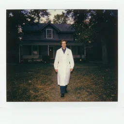 medium shot, a plague doctor walks towards a house, woods, horror, night, polaroid photo, vintage, neutral colors, by gregory crewdson,
