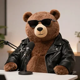a happy oversized bear on a podcast, sitting at a table in front of a mic, wearing sunglasses and a black, stylish leather jacket