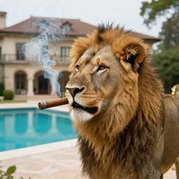a very detailed photo of a lion smoking a cigar outside the mansion by the pool