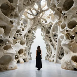fluid mechanical bone pavillion, woman standing, architecture by zaha hadid