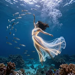 woman dancing underwater wearing a long flowing dress made of many layers of neon light strips, coral sea bottom, swirling schools of silver fish, swirling smoke shapes, octane render, caustics lighting from above, cinematic, hyperdetailed