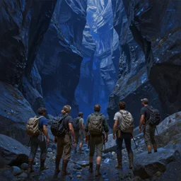 a party of adventurers exploring a claustrophobic dark blue canyon of stone, oil painting, greg rutkowski, unreal engine, octane render, highly detailed