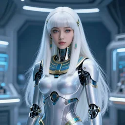 perfect android girl, egyptian cyborg armor, beautiful face, scifi, futuristic, space station, laboratory, bae suzy, dreamy, long white hair, blue cyborg eyes, cinematic lighting, highly detailed, very cute, focused, artstation, divine, by gauthier leblanc, kazuya takahashi, huifeng huang, jama jurabaev