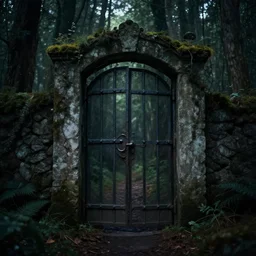 Secret lit iron door portal in the dark eerie mysterious forest photorealistic detailed