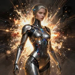 cyber warrior, female, fantasy, circuitry, explosion, dramatic, intricate, elegant, highly detailed, digital painting, artstation, concept art, smooth, sharp focus, illustration, art by Gustave Dore, octane render