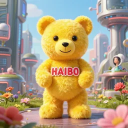 portrait of haribo bear in future city, color and shape focus, central composition, natural light, bloom, puff, by simon stalenhag and rene magritte and an