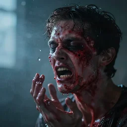 “ a man with body horror agony refracted through a drop of water, dramatic lighting, incredible quality, bokeh ”